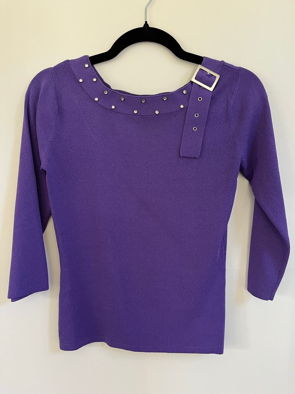 Vtg Y2K Joseph A Purple Ribbed Knit Top Rhinestone Studded Neck Buckle Detail S